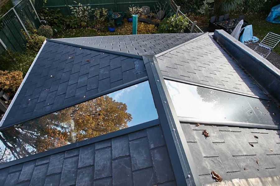 Aerial view replica tiled solid roof conservatory glass panels