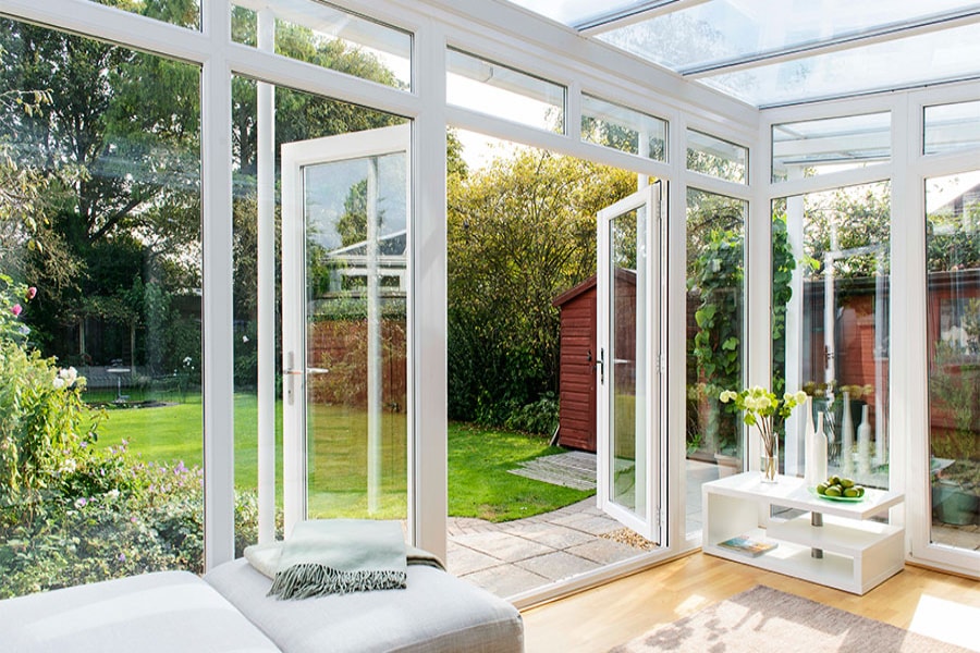 White UPVC Veranda conservatory French doors interior view