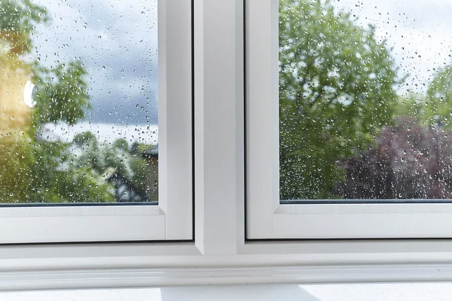 White timber flush casement window interior close up