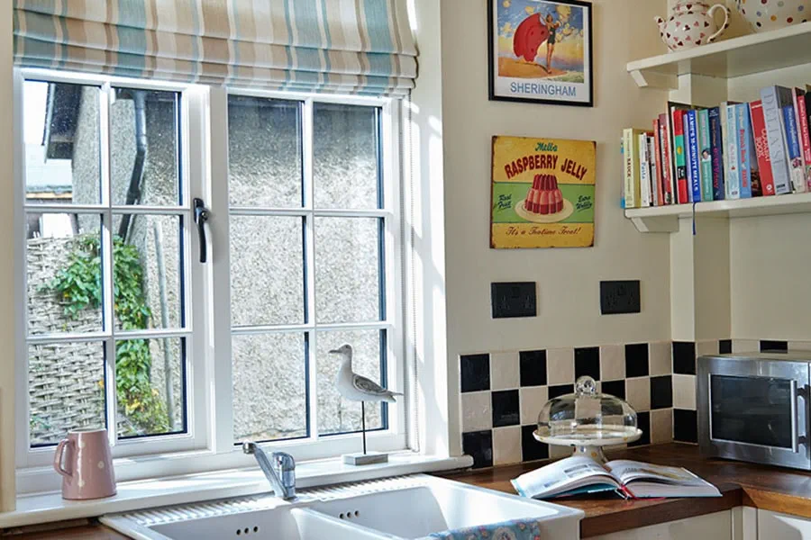 White wooden kitchen window cottage bars